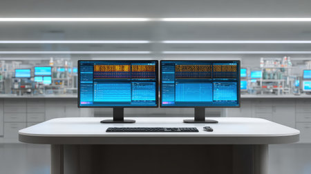 A modern laboratory workspace featuring dual monitors displaying intricate data analysis, highlighting advanced technology and scientific research in a bright environment.の素材
