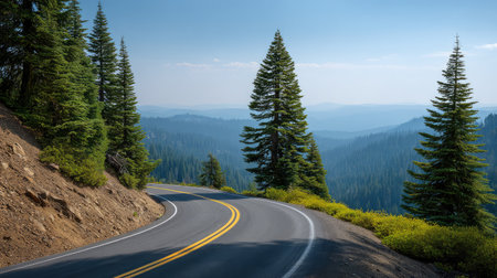A beautiful winding road meanders through a dense green forest, leading to breathtaking mountain views under a clear blue sky, ideal for nature lovers and travelers.の素材
