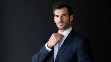 A stylish businessman adjusting his tie with a serious expression against a dark background. This image portrays confidence and professionalism, perfect for corporate themes.の素材