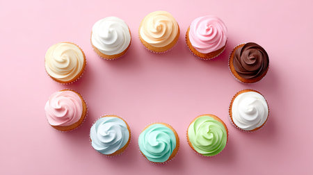 A beautiful arrangement of colorful cupcakes with swirled icing showcases delightful pastel tones on a soft pink background, perfect for dessert-themed visuals.の素材