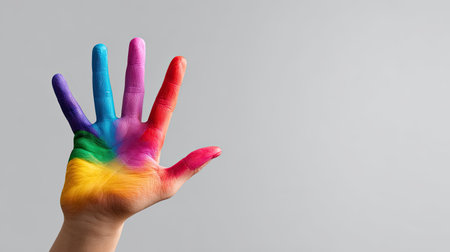 A vibrant handprint covered in colorful paint symbolizes diversity and acceptance, perfect for projects focused on creativity, inclusion, and celebration of individuality.の素材