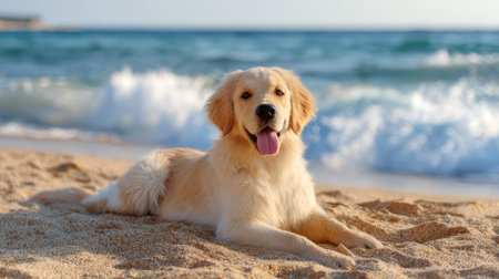 A cheerful golden retriever enjoys a sunny beach day, reclining on the soft sand while ocean waves gently lap at the shore, capturing pure joy and relaxation.の素材