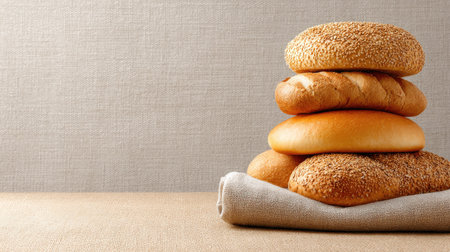 A visually appealing image of assorted freshly baked bread rolls stacked on a linen cloth, highlighting textures and colors that invite culinary inspiration.の素材