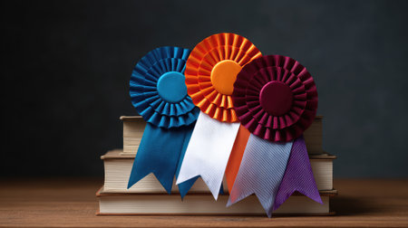 Three vibrant award ribbons in blue, orange, and purple rest on a neat stack of books, embodying success and achievement in education and recognition.の素材