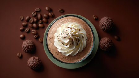 A delightful hot chocolate topped with velvety whipped cream and chocolate shavings, complemented by scattered coffee beans and rich chocolate truffles, perfect for cozy moments.の素材