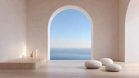 Bright and airy interior showcasing a beautiful ocean view through an arch window, enhanced by calming elements like stones and candles on a wooden floor.の素材