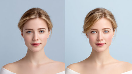 Portrait of a young woman with soft hair and natural makeup, showcasing her beauty and various expressions against light backgrounds, perfect for beauty and fashion themes.の素材