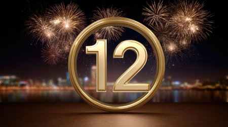 Vibrant image of the golden number twelve amidst a backdrop of celebratory fireworks, symbolizing the countdown to New Year festivities and joyful celebrations.の素材