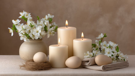A serene spring arrangement featuring white flowers, elegant candles, and natural eggs is perfect for home decor or seasonal celebrations, conveying tranquility.の素材