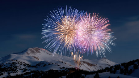 A breathtaking scene of vibrant fireworks exploding in the night sky above a snowy mountain landscape, creating a stunning visual display of color and excitement.の素材