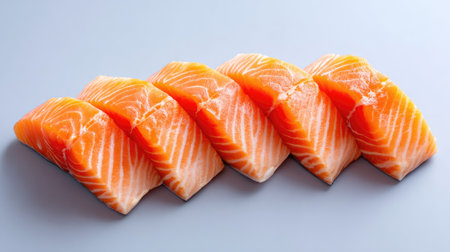 Vibrant salmon fillets arranged neatly against a light gray background, ideal for showcasing healthy ingredients, nutritious meals, and culinary presentations.の素材