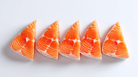 Five vibrant salmon fillets artfully arranged on a clean white background, perfect for culinary projects and showcasing healthy seafood options in food photography.の素材