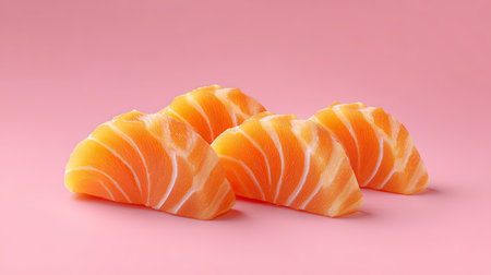 A visually stunning display of fresh salmon slices set against a soft pink background, perfect for food styling, culinary art, or healthy meal inspiration.の素材