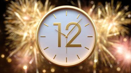 A stunning clock striking twelve amidst dazzling fireworks, capturing the essence of celebration and new beginnings in a vibrant and festive atmosphere.の素材