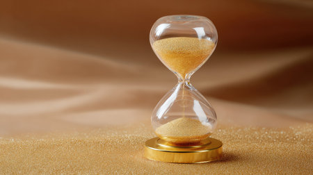 This stunning hourglass showcases golden sand flowing gracefully, set against a soft, shimmering backdrop. It represents the beauty of time and fleeting moments.の素材