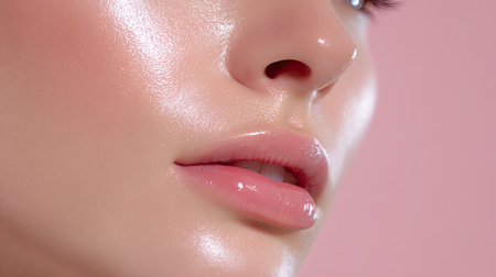 This close-up image showcases glossy skin and soft lips, emphasizing natural beauty and skincare trends. Perfect for beauty or health-related projects and publications.の素材