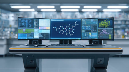 This image captures a high-tech laboratory workspace with multiple computer screens displaying molecular structures and scientific data, ideal for research and development activities.の素材