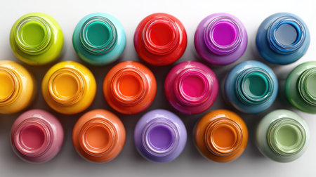 A stunning overhead view of colorful paint cans arranged neatly, showcasing a vibrant array of hues perfect for artistic projects and creative inspiration.の素材