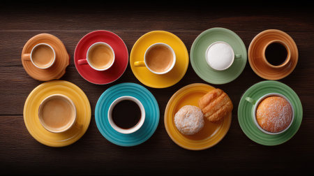 A vibrant display of coffee cups and delicious pastries arranged on a rustic wooden surface, perfect for showcasing breakfast or snack options in cafes and restaurants.の素材