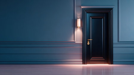 A captivating image of an elegant black door set against a backdrop of a minimalist room, enhanced by a stylish light fixture, showcasing modern interior design elements.の素材