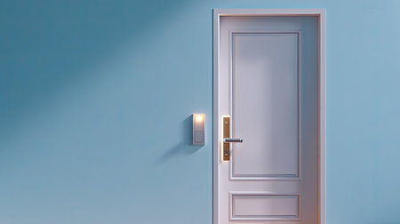 A stunning minimalist door stands elegantly against a soft blue wall, capturing the essence of modern interior design with subtle lighting accents and clean lines.の素材
