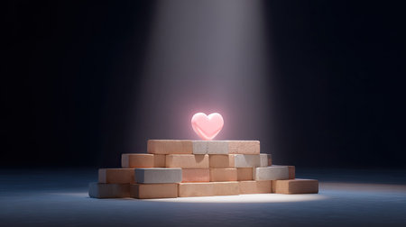 A captivating image of a glowing heart resting atop a stack of bricks, illuminated by a beam of light, representing love, hope, and resilience in a serene dark setting.の素材