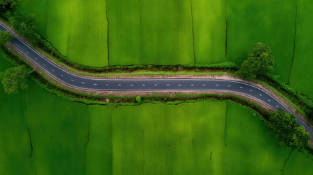 A breathtaking aerial view of a winding road meandering through vibrant green rice fields showcases natureの素材