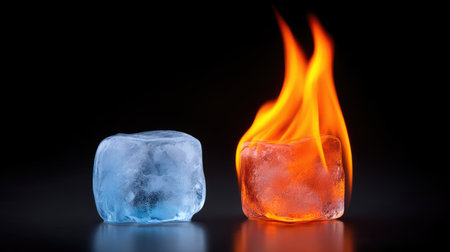 A stunning visual showcasing the dynamic clash of fire and ice, featuring a clear ice cube juxtaposed with an intense flame, highlighting the powerful contrasts of nature.の素材