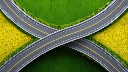 Stunning aerial view captures the beauty of intersecting highways surrounded by lush green fields and bright yellow flowers, highlighting the blend of nature and infrastructure.の素材
