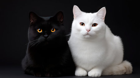 A striking image features a black cat and a white cat sitting closely on a dark backdrop, focusing on their expressive features and beautiful fur textures. Perfect for cat lovers.の素材