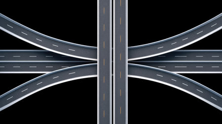 This image captures an aerial view of intersecting roads and highways, showcasing smooth curves against a black background, ideal for urban infrastructure themes.の素材