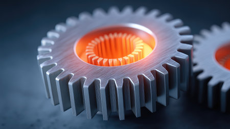 This image showcases industrial gears featuring a sleek metallic finish and a bright orange center, ideal for themes related to technology, engineering, and machinery.の素材