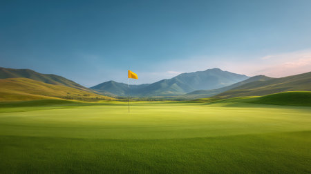 A serene golf course landscape featuring lush green grass and a yellow flag, set against majestic mountains and a calm sky, ideal for outdoor sports and relaxation.の素材