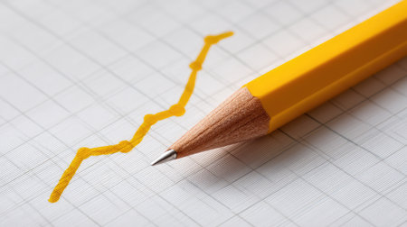 Close-up of a yellow pencil resting on graph paper with a rising trend line, symbolizing growth and success in business or educational contexts. Ideal for finance or analysis themes.の素材