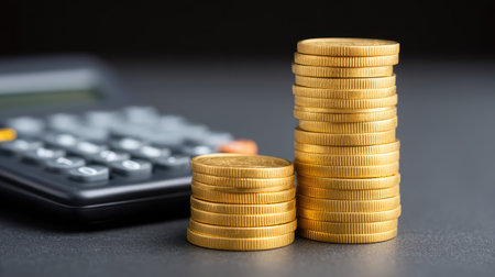A visually striking arrangement of stacked gold coins beside a calculator, representing essential concepts of finance, investment planning, and effective wealth management strategies.の素材