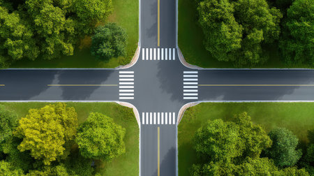 This aerial image features a well-maintained intersection in an urban area, surrounded by greenery, with clear crosswalks and smooth roadways, ideal for city planning themes.の素材