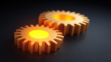Two golden gears together create a striking visual with gentle illumination. Ideal for representing technology, industrial themes, or innovation in design projects.の素材