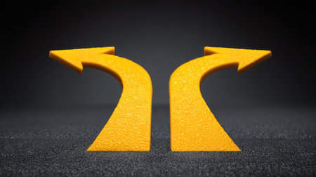 Bright yellow arrows on a dark surface symbolize direction and choices, ideal for visual storytelling in personal or business contexts.の素材