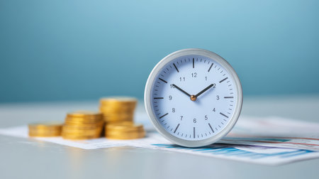 This image features a white clock positioned beside golden coins and financial documents, symbolizing the importance of time management in financial planning and budgeting.の素材