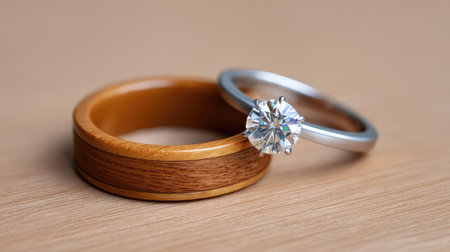 A beautiful arrangement of a wooden wedding band and a sparkling diamond engagement ring set against a neutral wooden background, symbolizing love and commitment.の素材