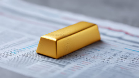 A gleaming gold bar elegantly rests on a financial newspaper, showcasing investment data while symbolizing wealth, luxury, and economic growth for investors and markets.の素材