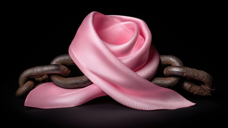 This striking image features a pink silk ribbon elegantly draped over a pair of rusty chains, symbolizing resilience and hope in overcoming life's challenges and struggles.の素材