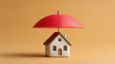A charming model house is safeguarded by a vibrant red umbrella, symbolizing the vital concepts of home insurance and personal protection against financial risks.の素材