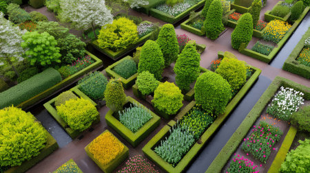 Explore this stunning aerial view of a meticulously designed garden, showcasing vibrant flowers and lush greenery in an inspiring outdoor setting that promotes tranquility and beauty.の素材