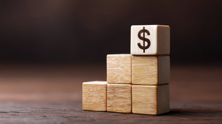 A set of wooden blocks forming a staircase with a dollar sign, representing financial growth and investment concepts in a clean, elegant style. Perfect for business-related themes.の素材