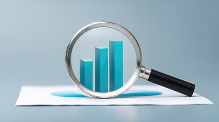 A magnifying glass emphasizes bar graphs showing business growth and success trends, illustrating financial analysis and strategic insights on a report paper.の素材