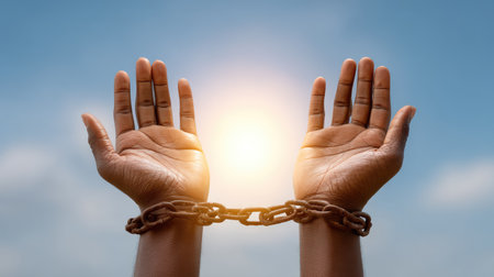 This powerful image depicts hands reaching towards the sky with broken chains, symbolizing liberation and hope amidst a bright, sunny background, representing the triumph of the human spirit.の素材
