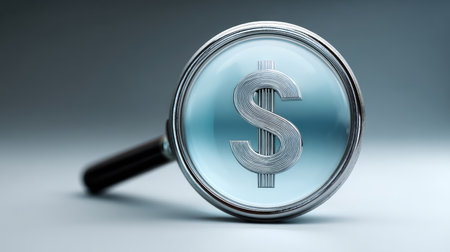 A magnifying glass highlighting a dollar sign, representing financial analysis and investment strategies in a professional and modern business environment.の素材