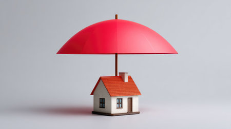 A miniature house is supported by a striking red umbrella, illustrating the themes of home protection, security concepts, and the importance of safeguarding your property investment.の素材