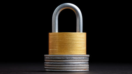 A golden padlock rests on a stack of silver coins, representing financial security and careful investment strategies in a modern business context.の素材